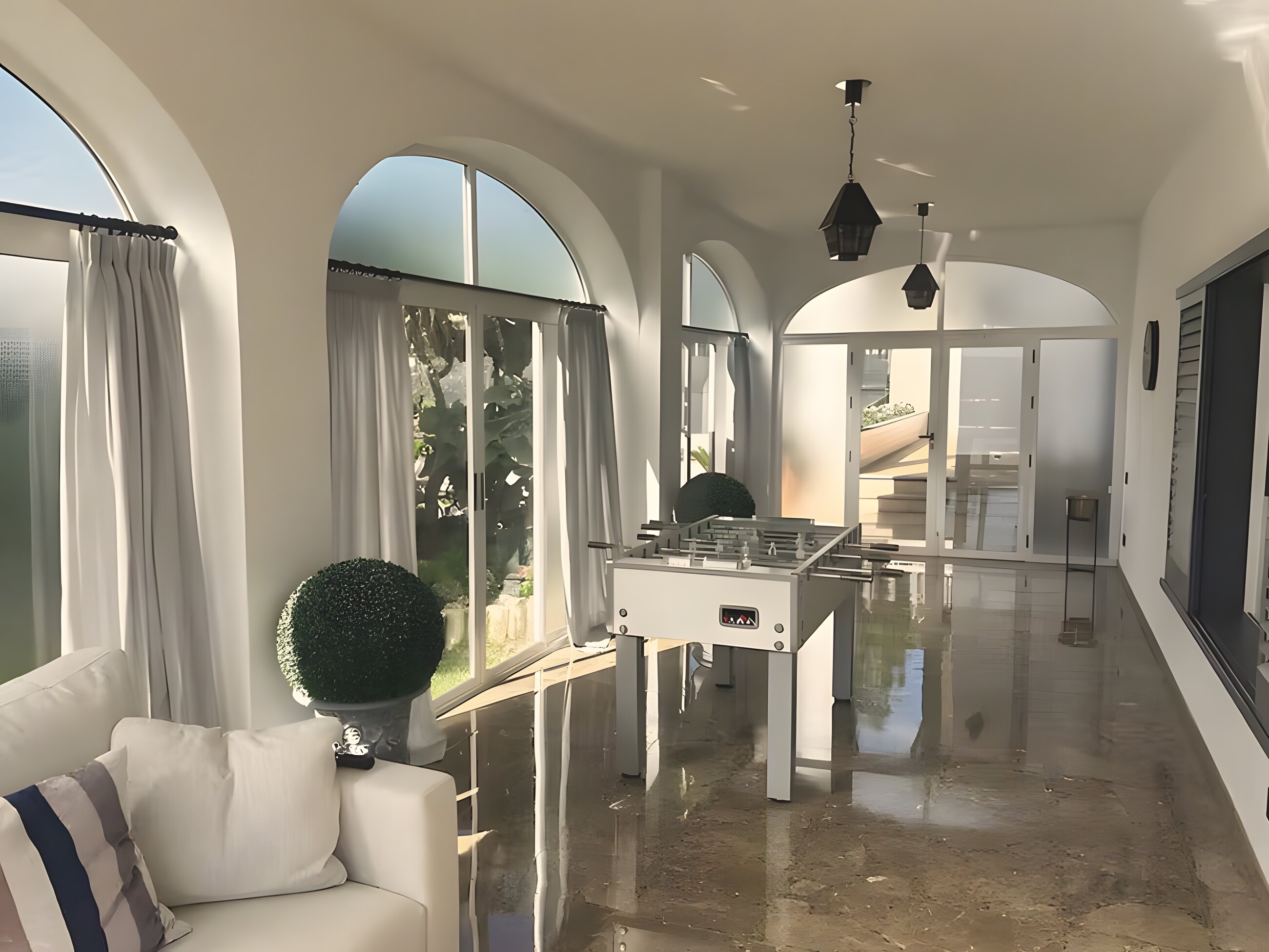 The arched sunroom, with the games table and the garden beyond